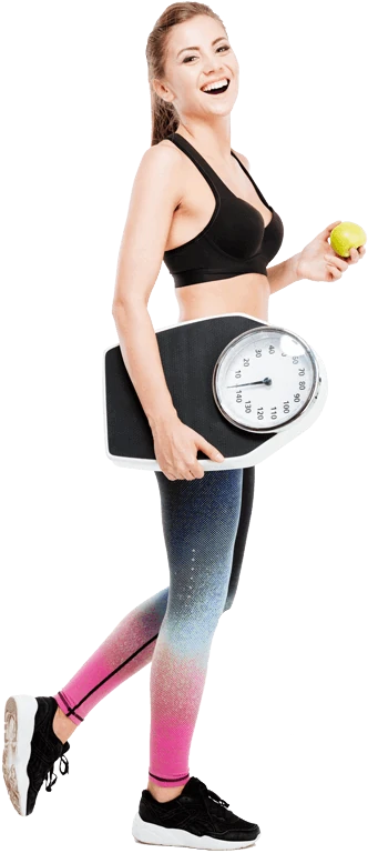 Woman holding a scale and an apple